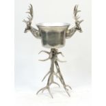 Silvered staghorn design floor standing ice bucket with stag's heads, 104.5 high x 70cm wide :