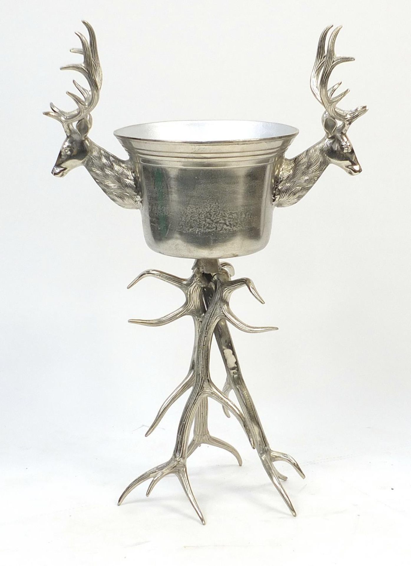 Silvered staghorn design floor standing ice bucket with stag's heads, 104.5 high x 70cm wide :