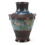 Chinese cloisonné bronze archaic design vase with animalia ring turned handles, 29.5cm high :