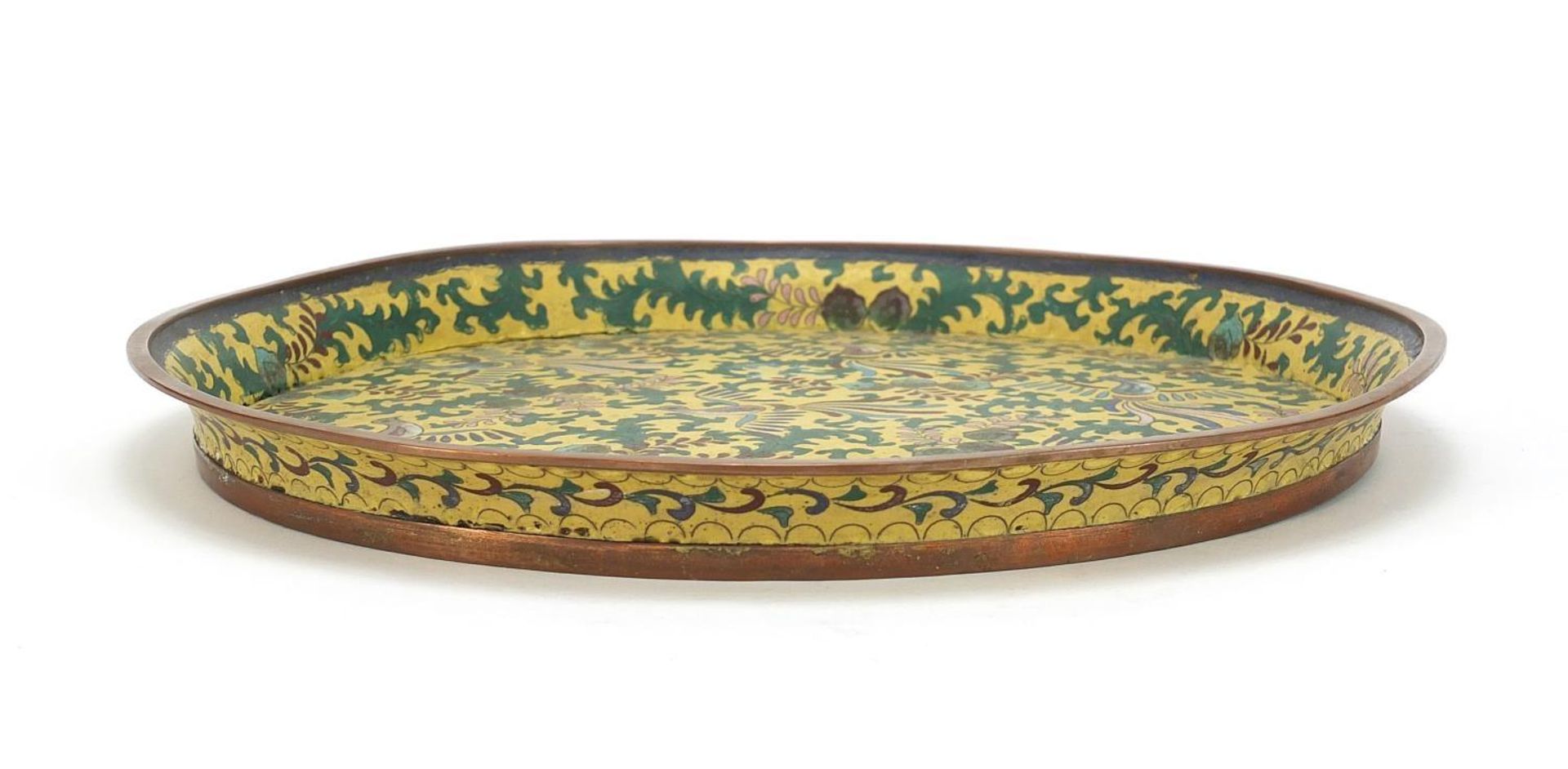 Chinese cloisonne serving tray enamelled with birds amongst foliage, character marks to the - Image 5 of 6