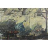 Geoff Shaw - Locomotives at a station, railway interest oil on board, mounted and framed, 90.5cm x