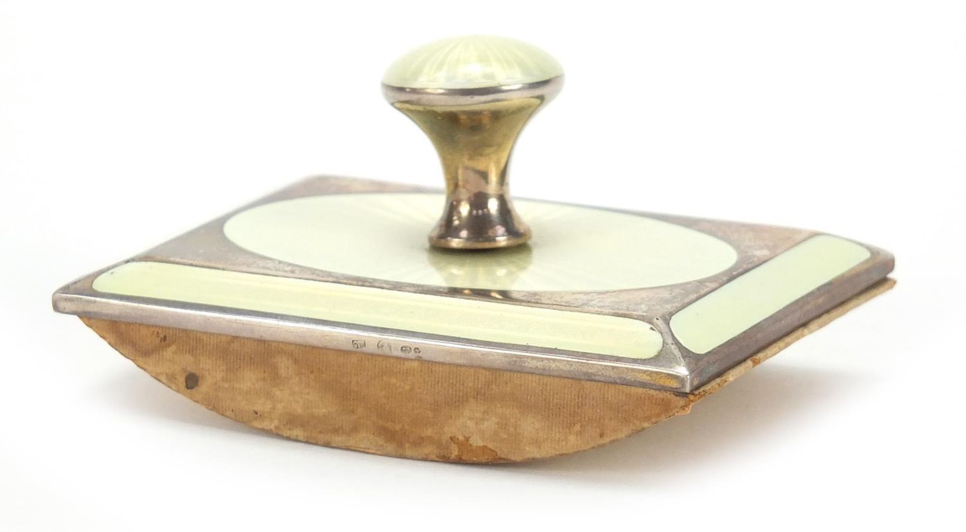 Art Deco unmarked silver and guilloche enamel blotter, 10cm wide, 126.0g :