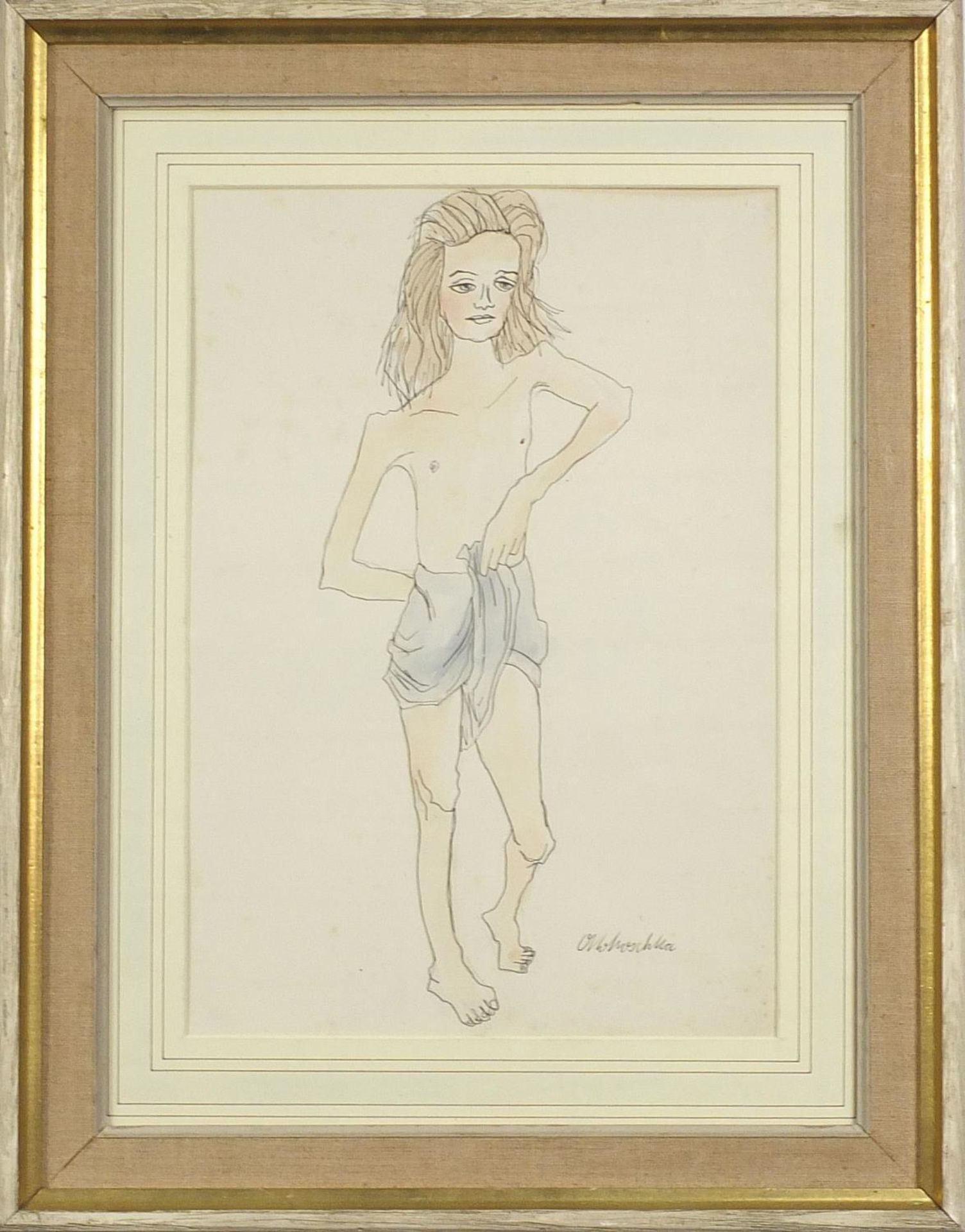 Portrait of a semi nude young man, pen and ink on paper, mounted, framed and glazed, 34cm x 23.5cm - Image 2 of 4