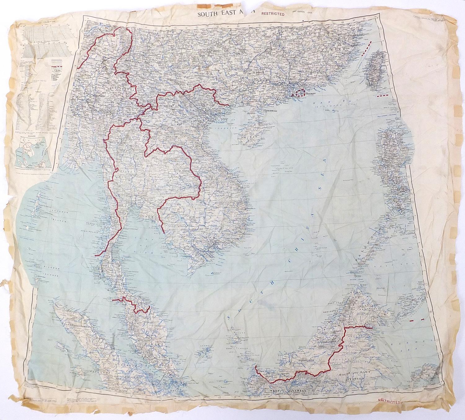 Military interest South East Asia and Hong Kong silk map, 95cm x 90cm :