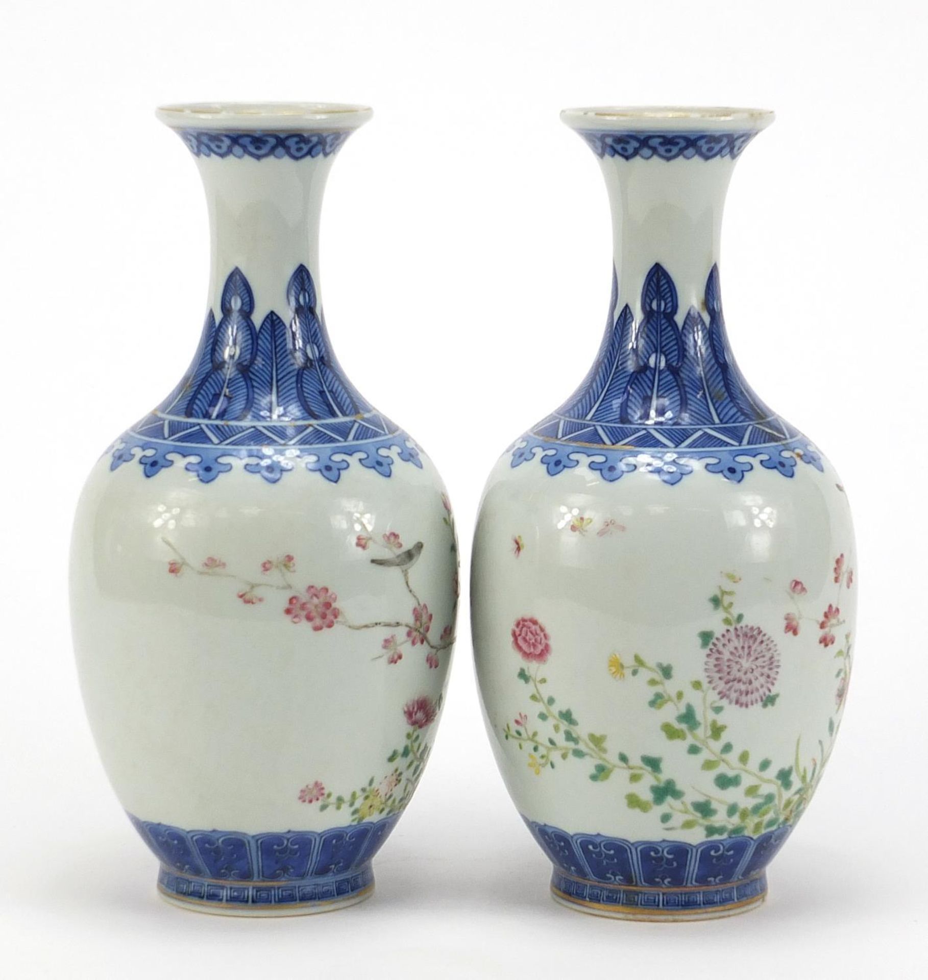 Pair of Chinese blue and white porcelain vases hand painted in the famille rose palette with birds - Image 4 of 10