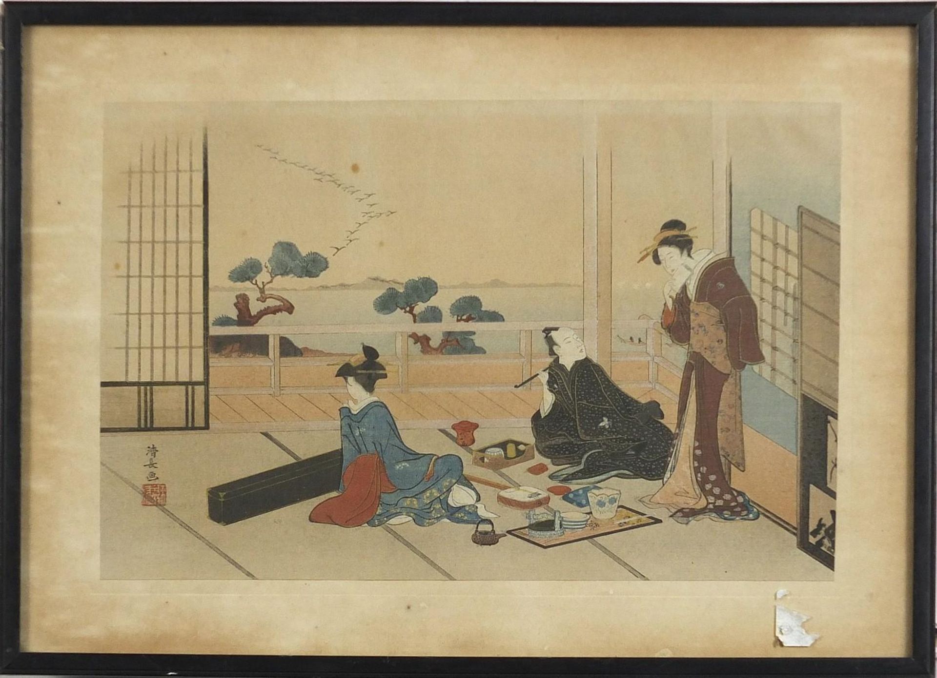 Geishas and scholars, two Japanese watercolours with calligraphy and seal marks, each mounted, - Image 3 of 7