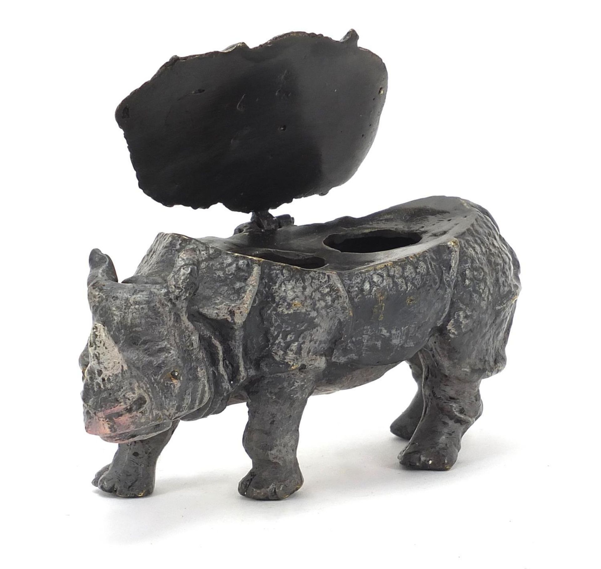 Cold painted bronze double inkwell in the form of a rhinoceros, 16cm wide : - Image 2 of 4