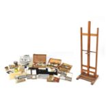 Collection of artists paints and equipment including adjustable floor standing easel :