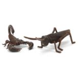 Japanese patinated bronze scorpion and grasshopper, the largest 12cm in length :