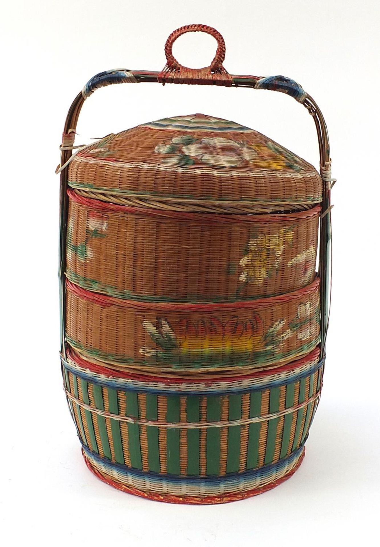 Oriental four section wicker food container hand painted with fish and flowers, 72cm high : - Image 2 of 4