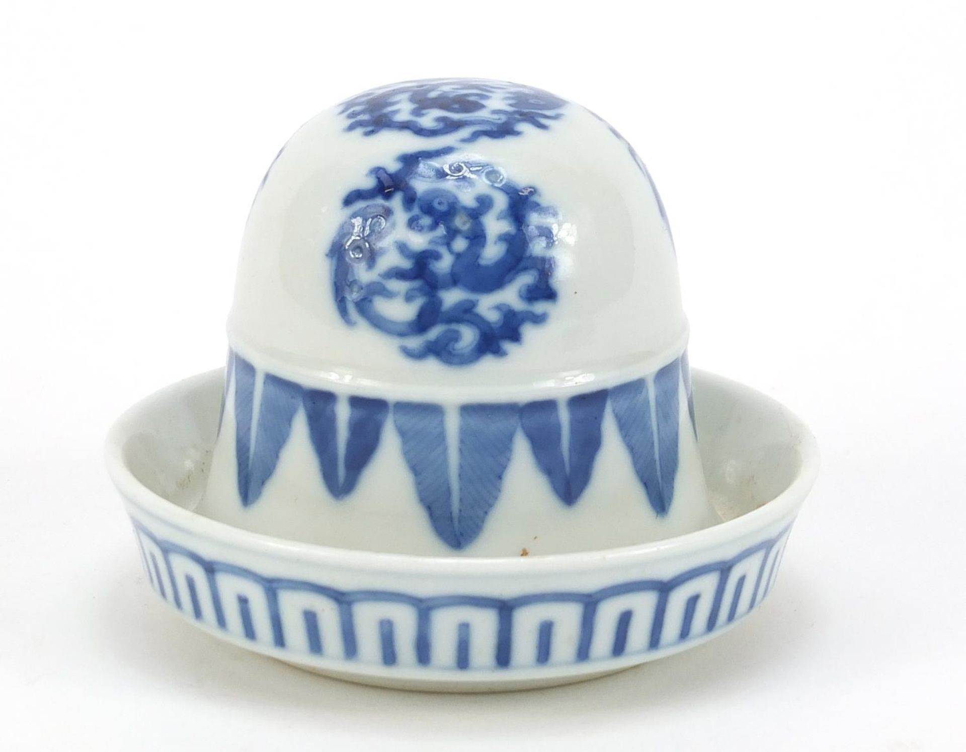 Chinese blue and white porcelain lidded dish hand painted with roundels of mythical animals, the