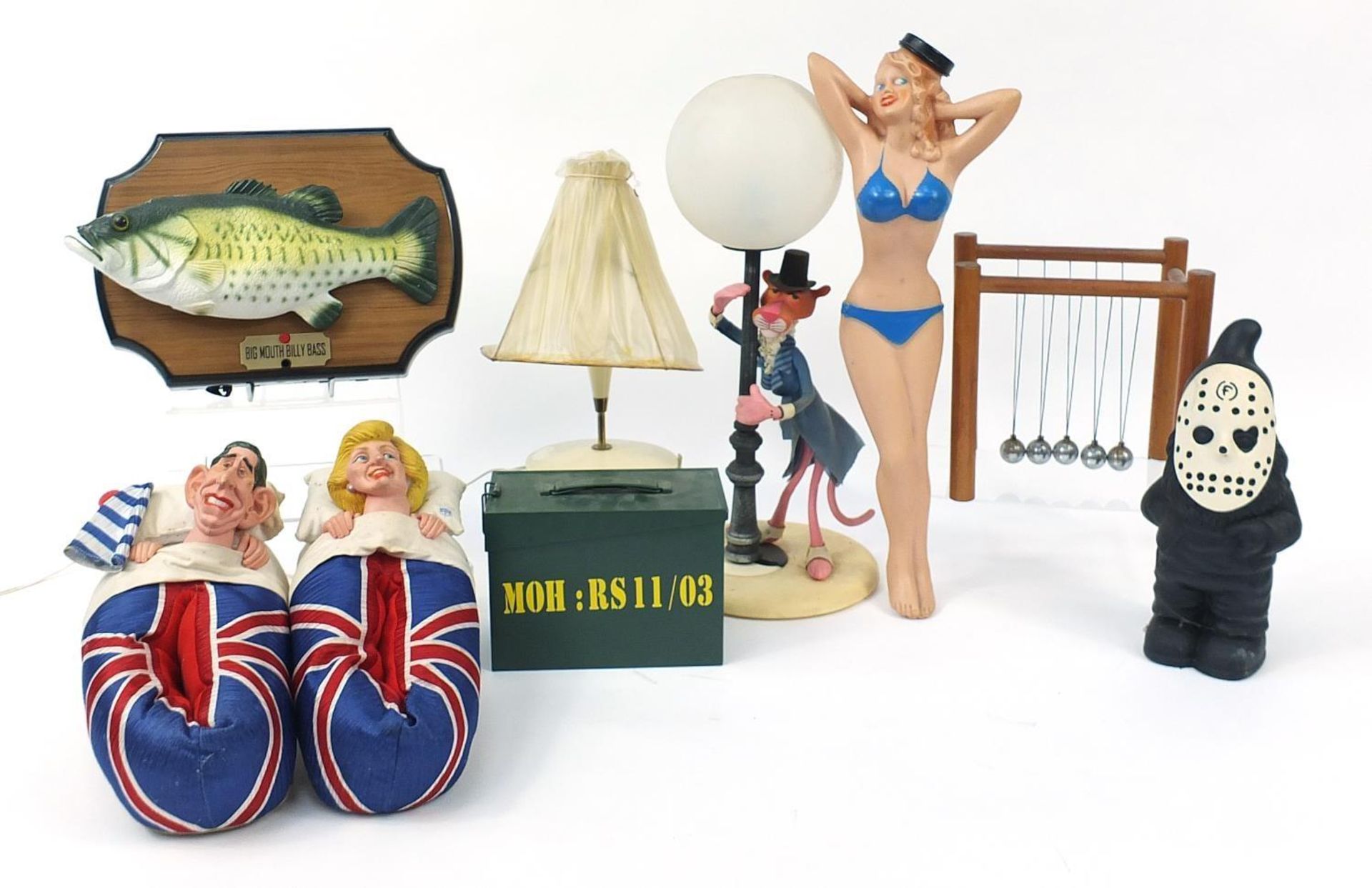 Sundry items including a Pink Panther lamp and Big Mouth Billy Base fish, 50cm high :