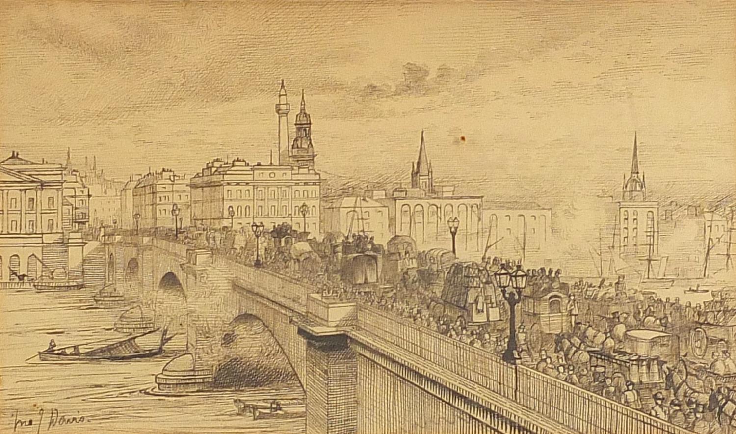 John J Davis, London Bridge, early 19th century ink drawing inscribed to the mount Grosvenor Gallery