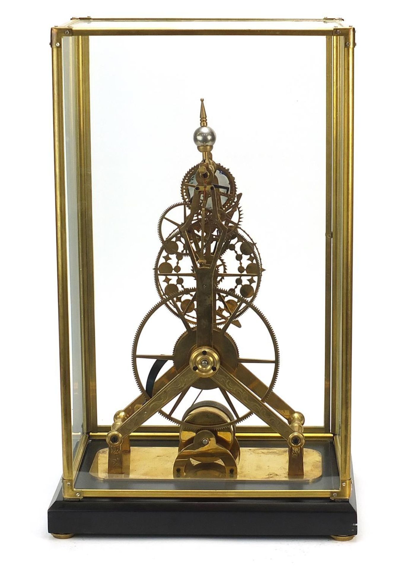 Gothic style brass skeleton clock with moon face dial and glass display case, with key and pendulum, - Image 3 of 6