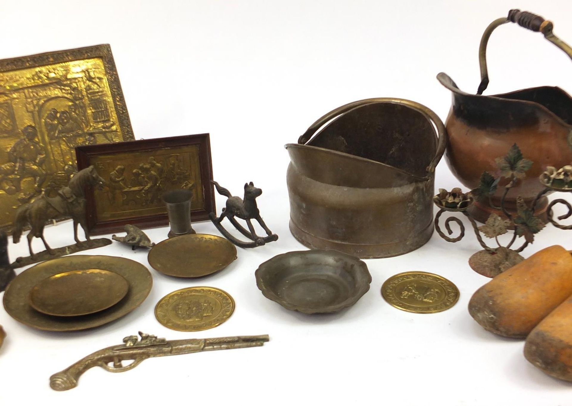 Metalware and wooden ware including a pair of Dutch clogs, embossed tavern plaques and two coal - Image 3 of 4