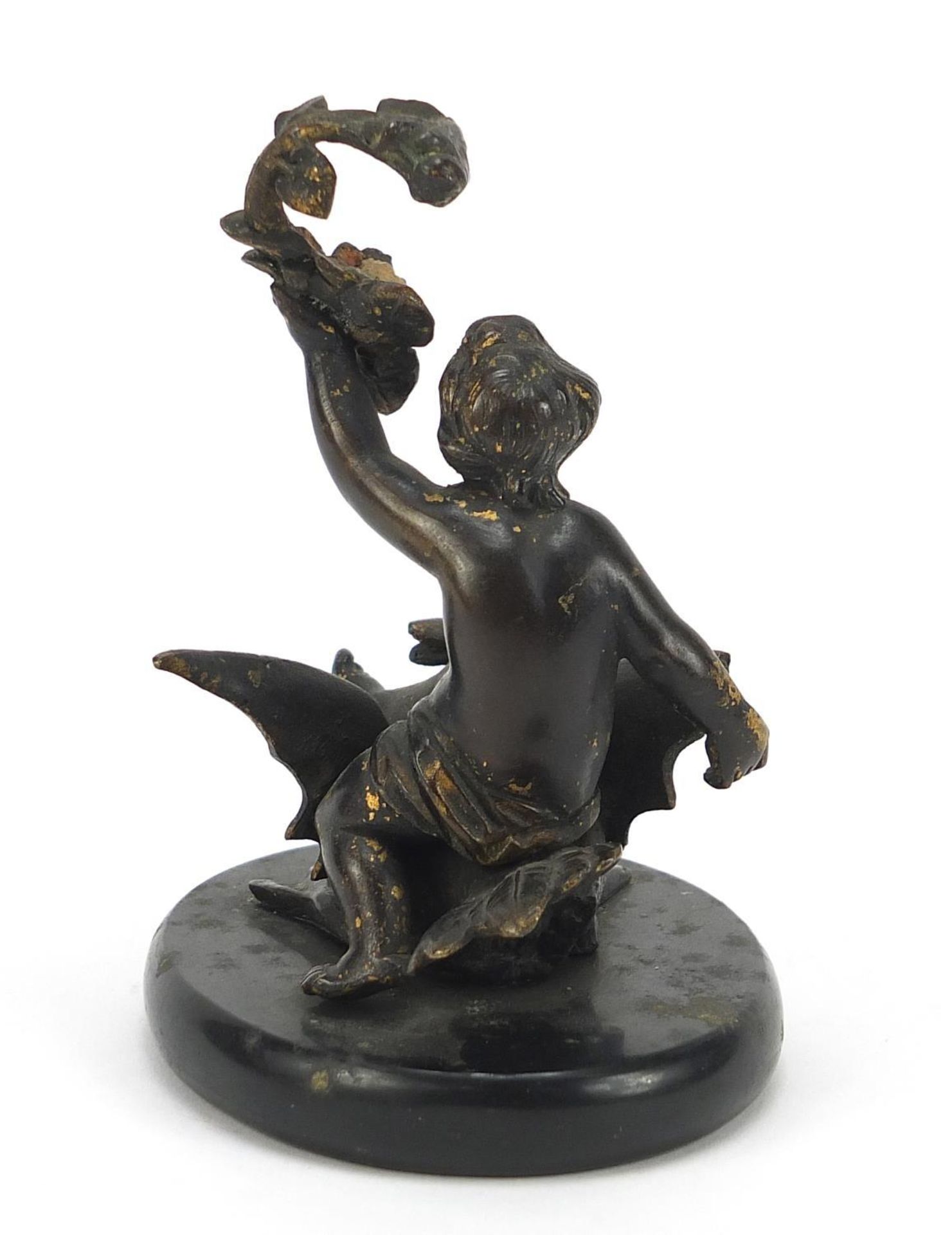 Cold painted bronze figure of Putti on a swan raised on an oval slate base, 11cm high : - Image 3 of 5