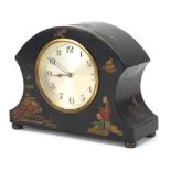 Oriental black lacquered chinoiserie mantle clock, 19cm wide :