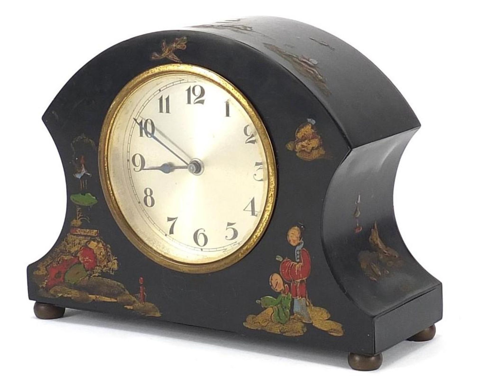 Oriental black lacquered chinoiserie mantle clock, 19cm wide :