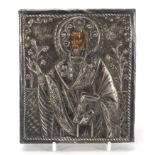 Silver mounted Russian Orthodox wood icon, impressed marks, 13.5cm x 12cm :