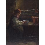 Mary Duncan - Female in an interior, oil on board, inscribed verso, framed, 31cm x 23cm excluding