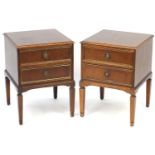 Pair of mahogany two drawer nightstands with brass mounts and handles, each 61cm H x 45cm W x 45cm D