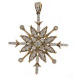 9ct gold diamond flower head pendant, 1.0 carat in total, 4cm high, 3.5g :
