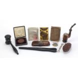 Antique and later objects including ebonised gavel, medallion with fitted case, World War II Defence