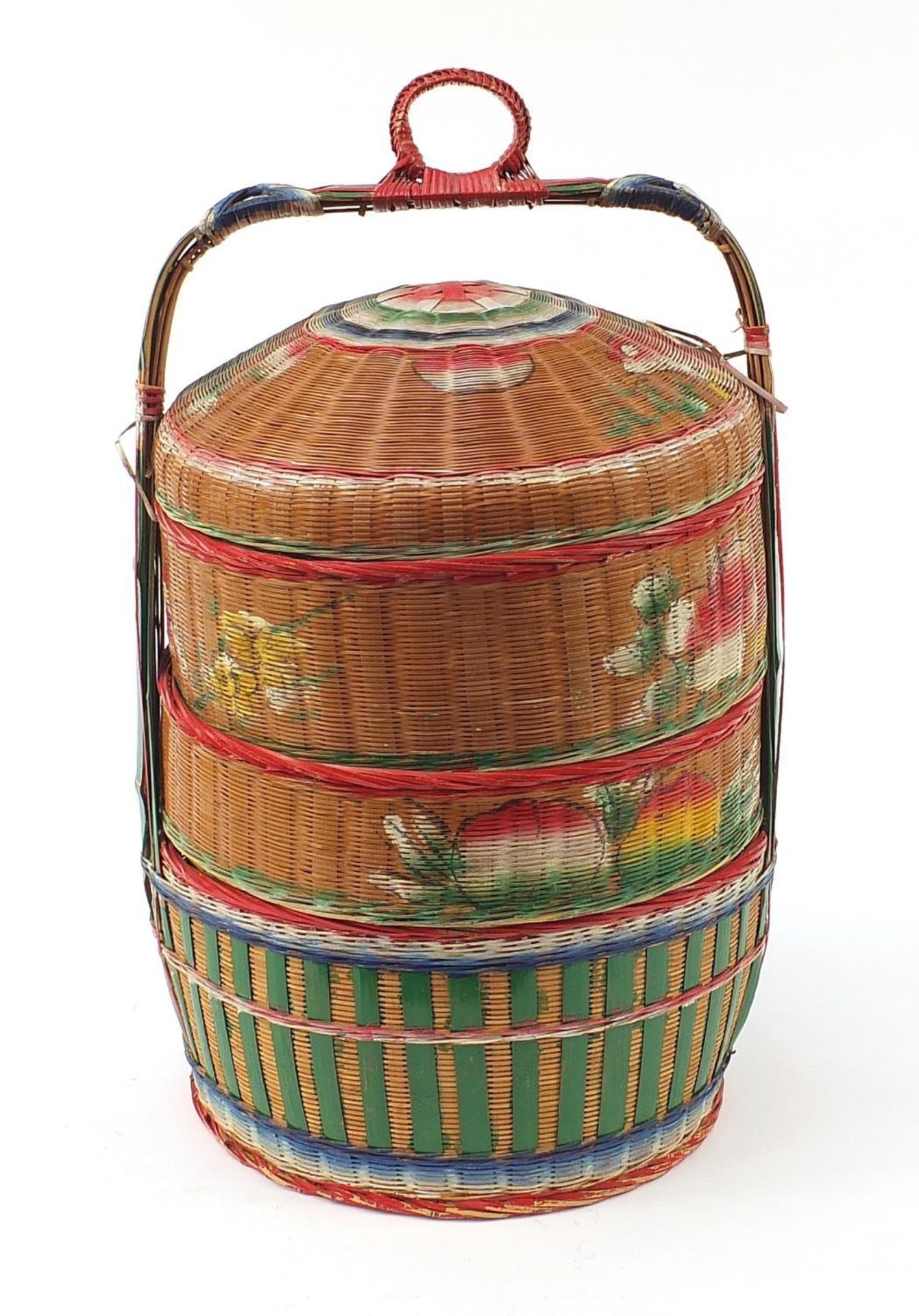 Oriental four section wicker food container hand painted with fish and flowers, 72cm high :