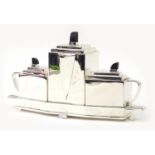 Art Deco style Modernist three piece silver plated tea set on tray in the style of Christopher