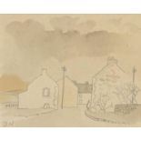 Village scene, pencil and watercolour, mounted, framed and glazed, 14.5cm x 11.5cm excluding the