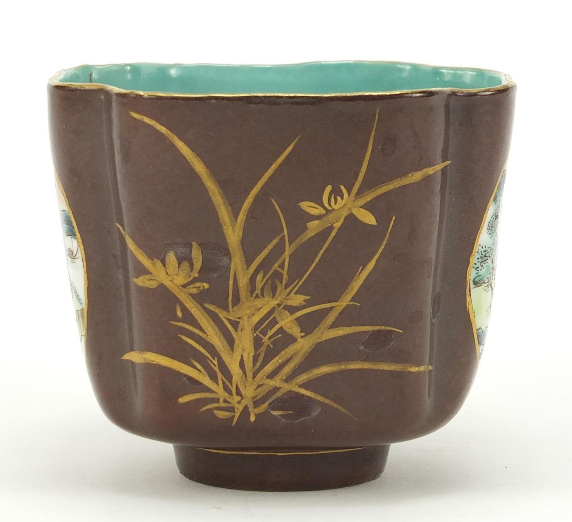 Chinese quatrefoil brown ground porcelain footed bowl hand painted with panels of landscapes and - Image 5 of 9