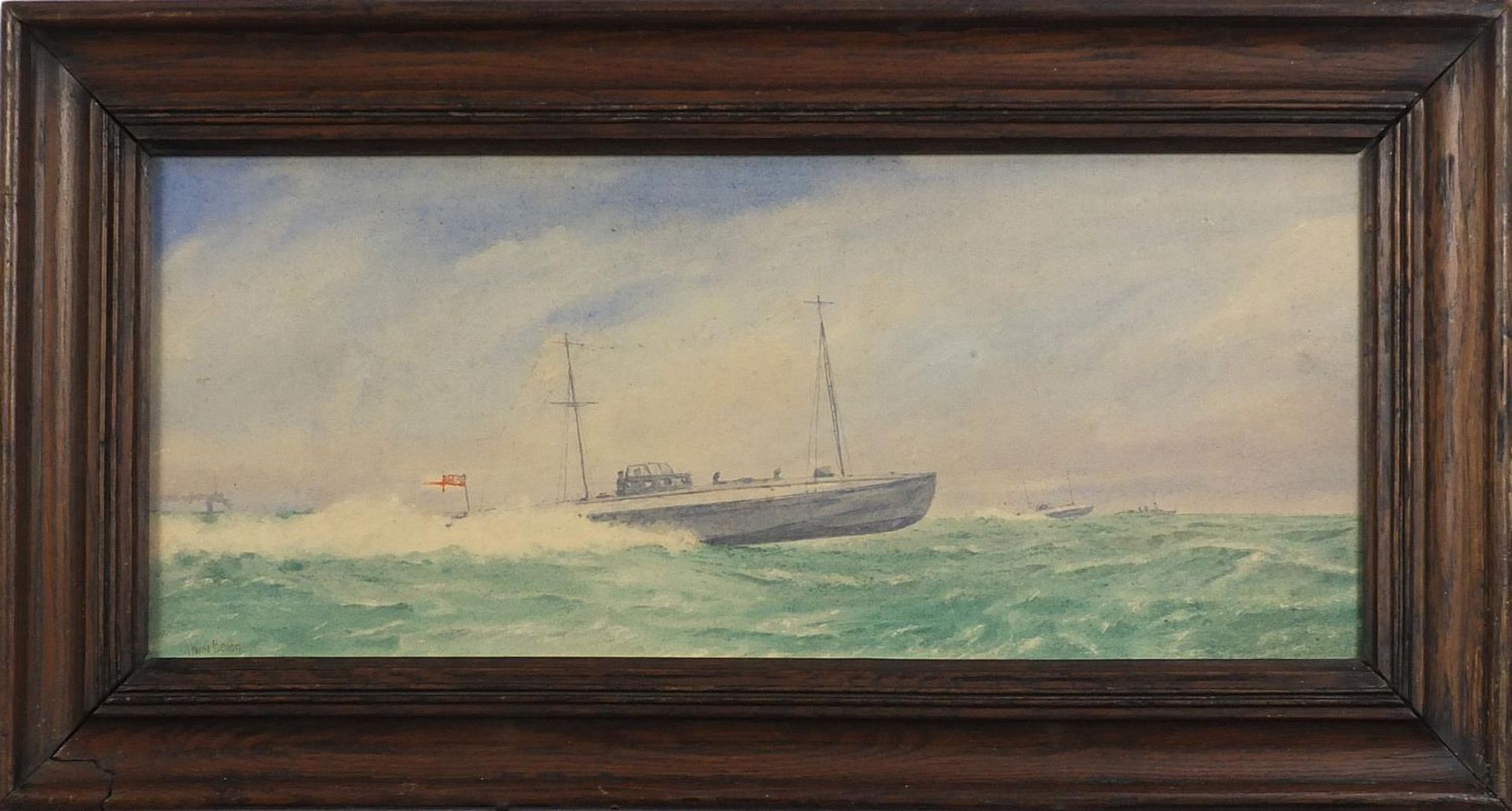 Irwin Bevan - Royal Navy boats in open sea, signed watercolour, framed and glazed, 48cm x 19.5cm - Image 2 of 4
