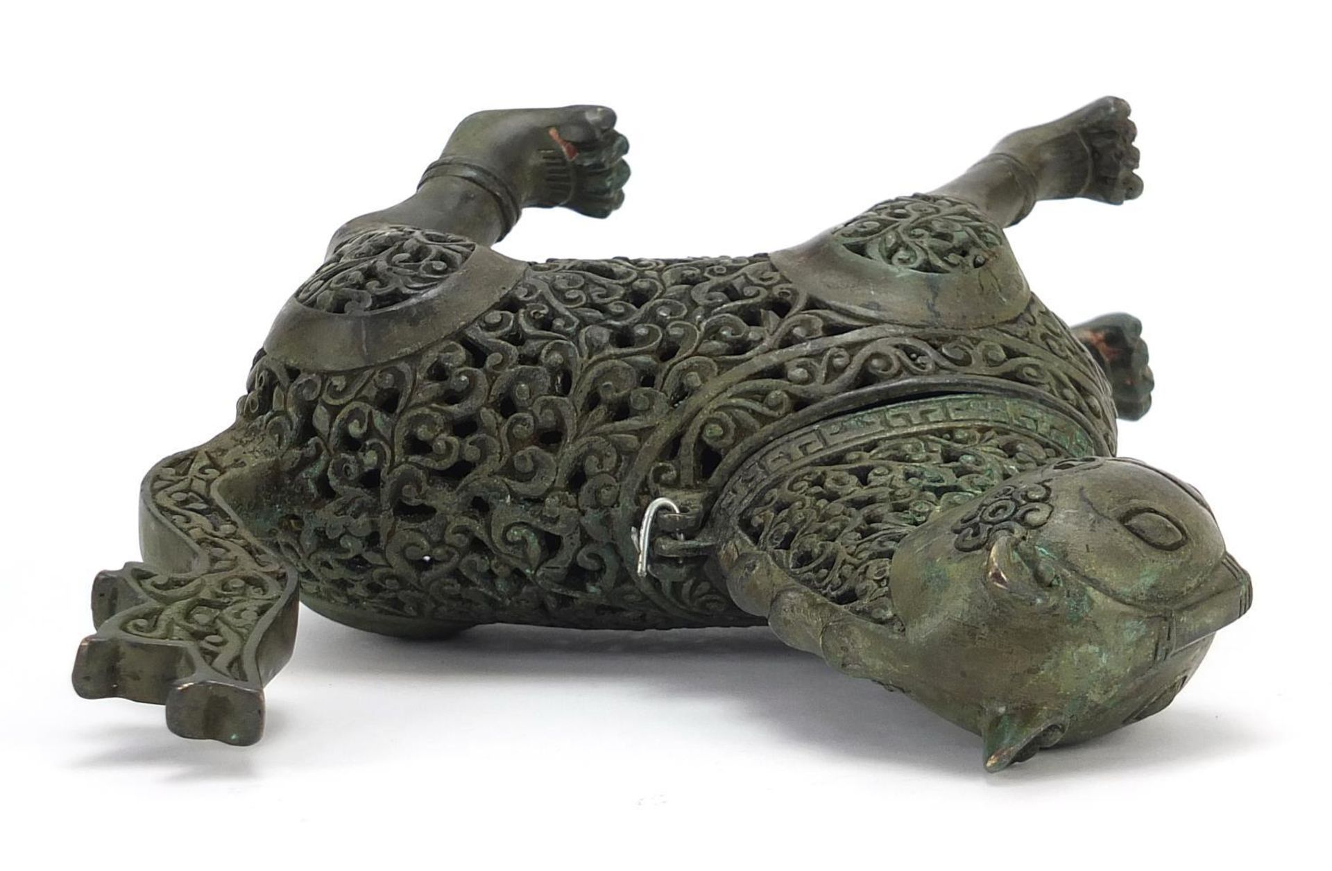 Islamic Verdigris bronze mythical animal incense burner with articulated head, 18cm in length : - Image 6 of 8