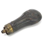 19th century military interest copper and brass powder flask, 11cm in length :