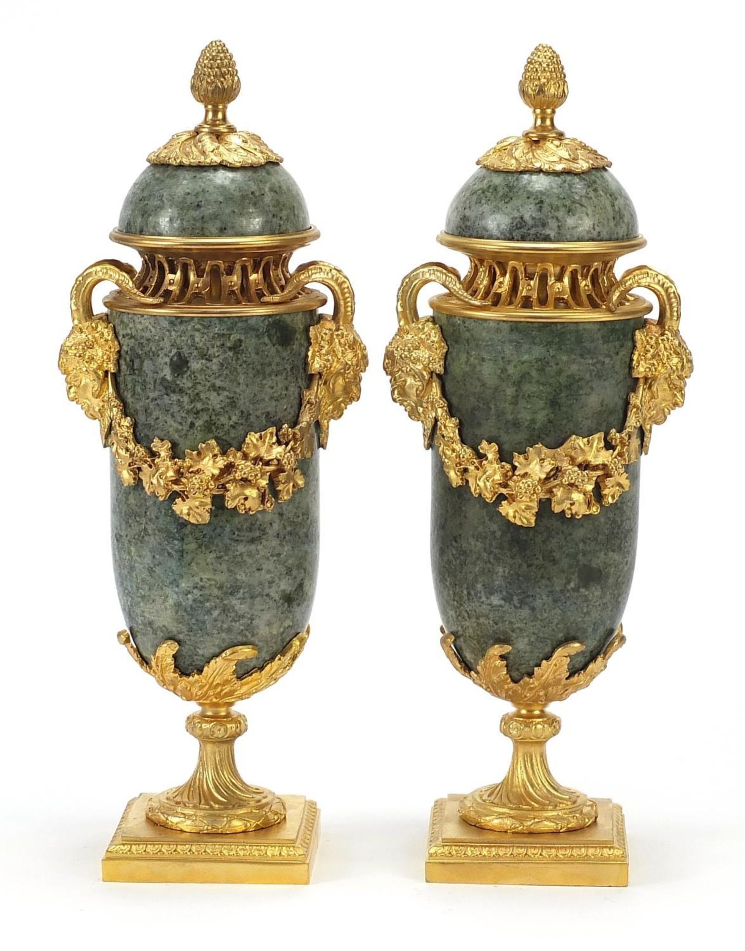 Pair of French gilt bronze and marble pedestal vases and covers with faun head handles, each 32cm - Image 2 of 4