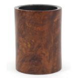 Chinese burl wood brush pot carved with calligraphy, 9.5cm high :