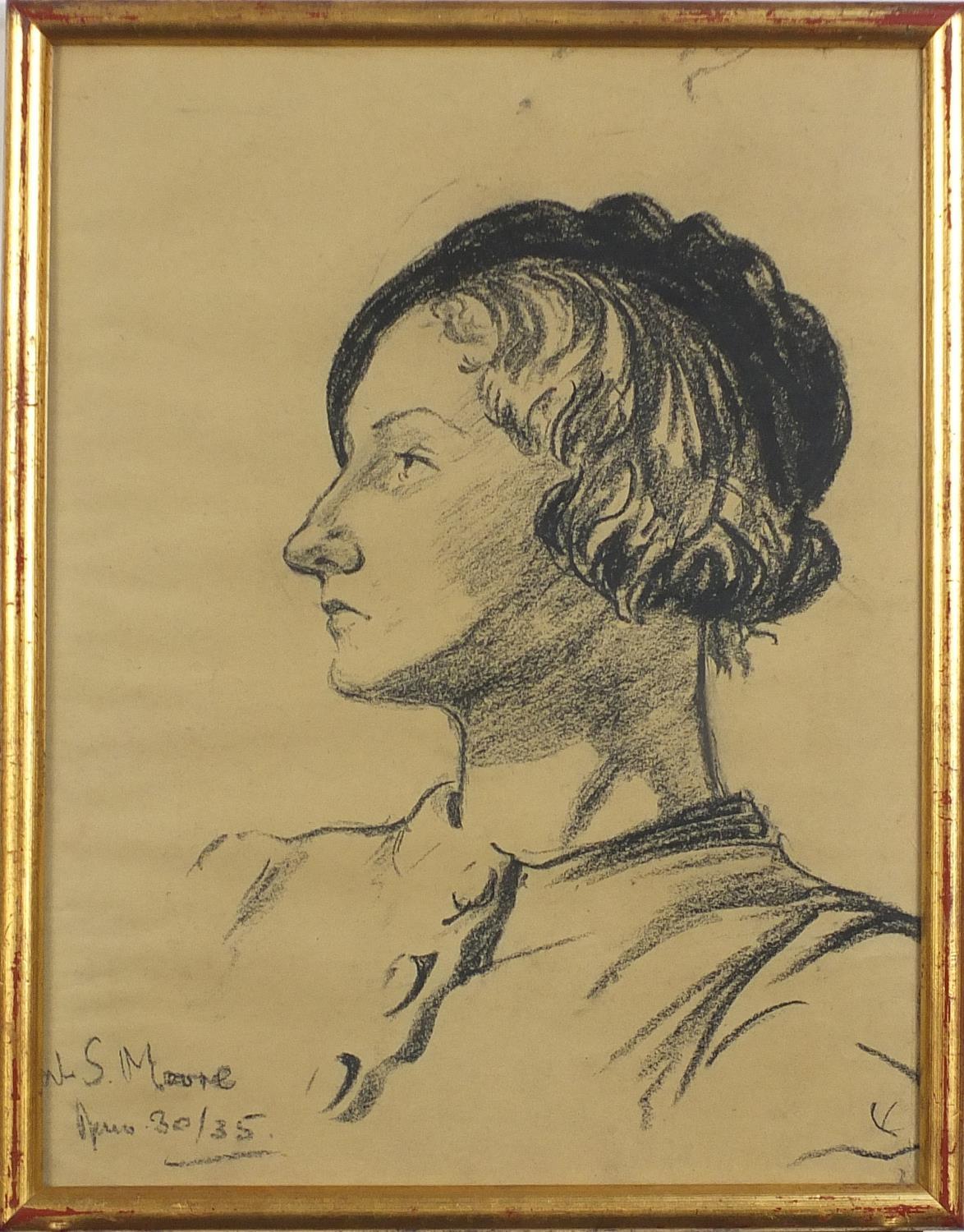 W S Moore - Portrait of a young lady wearing a beret, signed charcoal, framed and glazed, 38.5cm x - Image 2 of 4