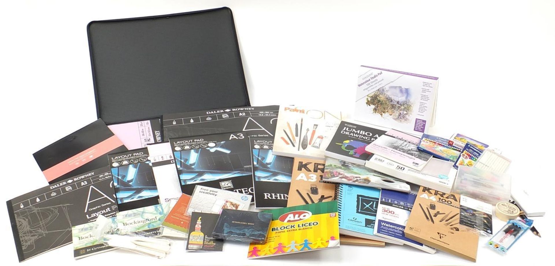 Collection of artist's equipment including sketch pads, pens and pastels :