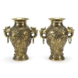 Pair of Chinese bronze vases with ring turned bird's head handles, each cast with dragons, fish