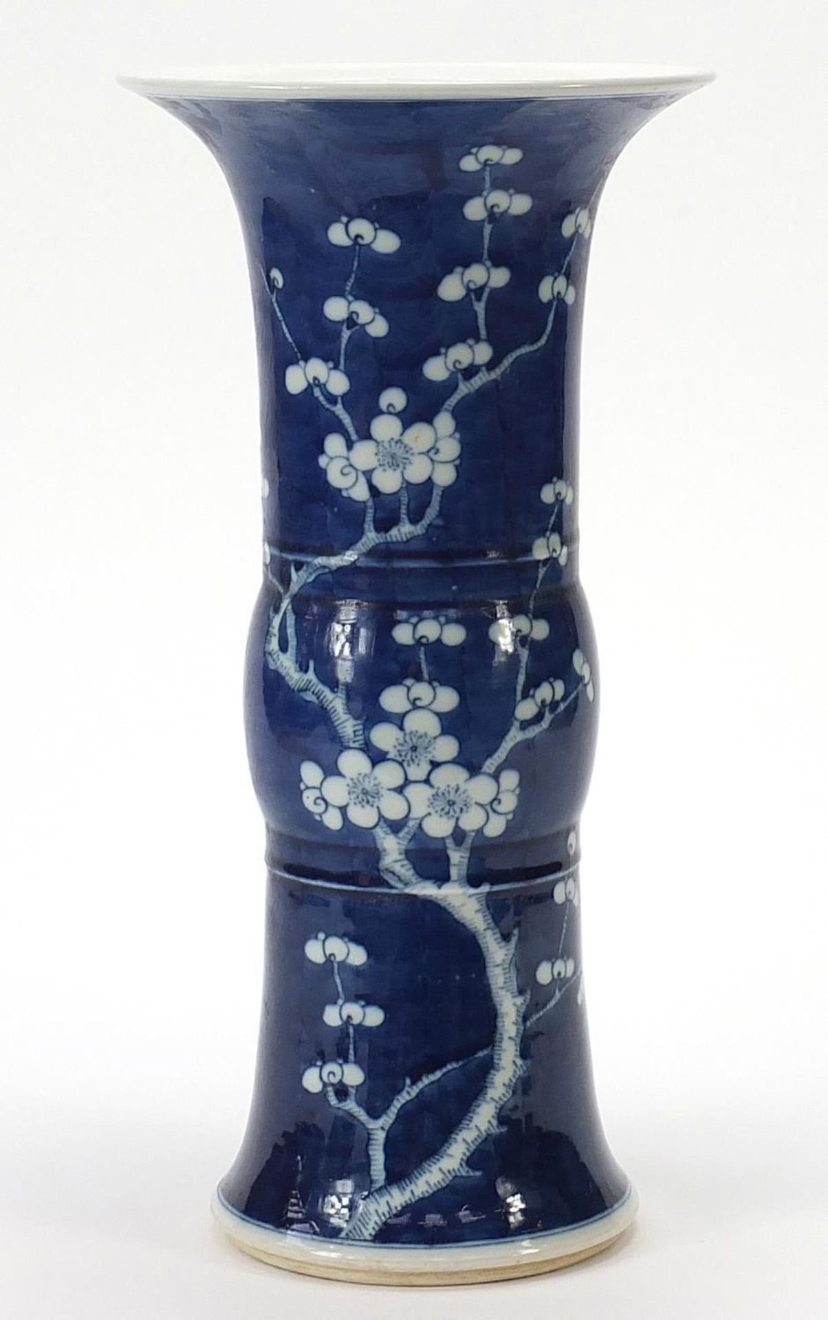 Large Chinese blue and white porcelain Gu beaker vase hand painted with prunus flowers, six figure - Image 3 of 8