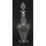 Good quality Victorian cut crystal decanter decorated with peonies, possibly by Thomas Webb, 34cm