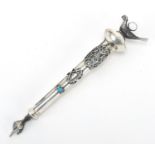 Russian silver Jewish Torah pointer with bird terminal, impressed marks, 15cm in length, 23.6g :