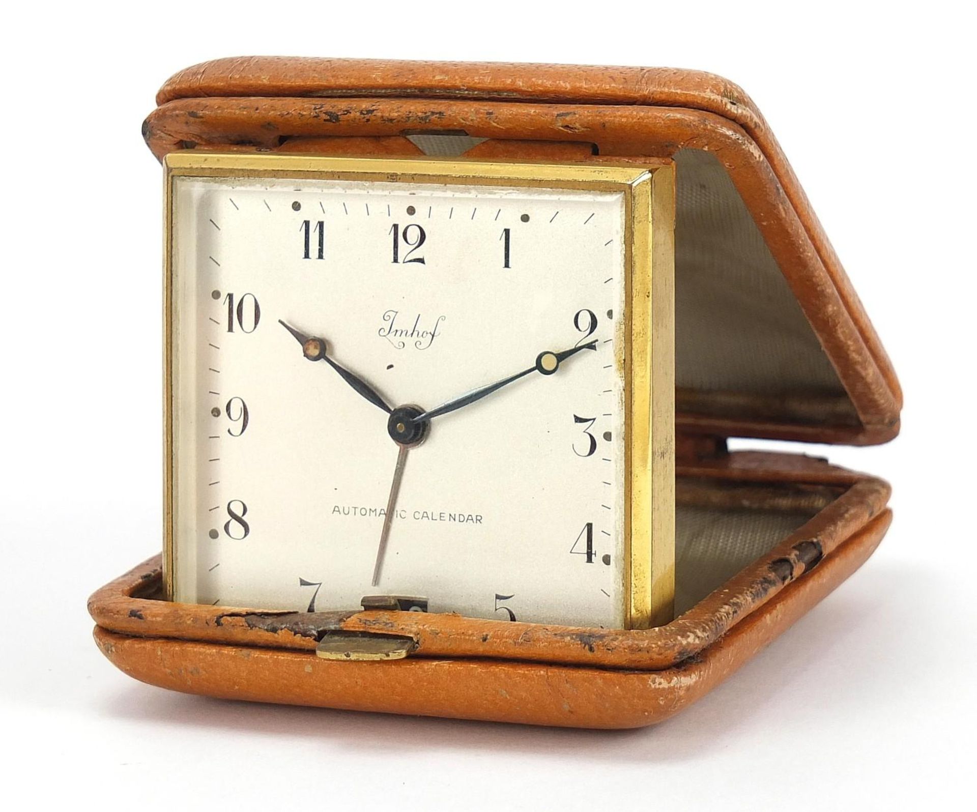Vintage Imhof automatic calendar eight day travel alarm clock, 8.5cm wide :