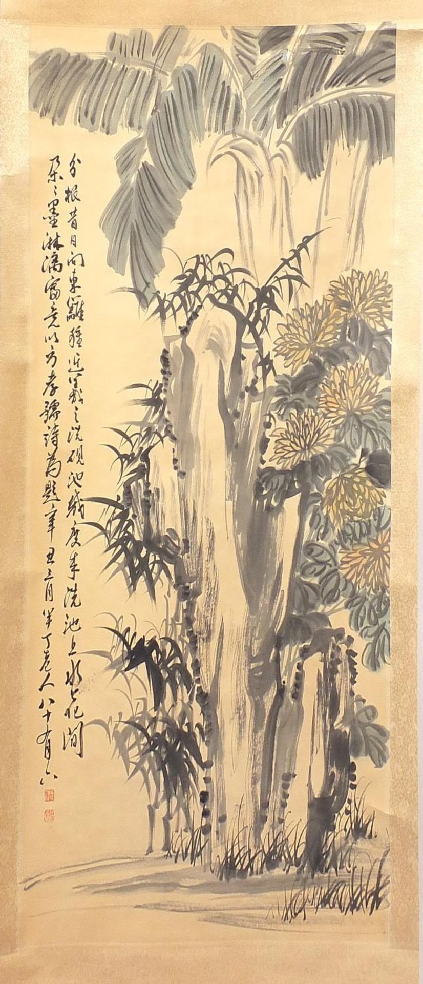 Blossoming flowers, Chinese watercolour wall hanging scroll with calligraphy and red seal marks,