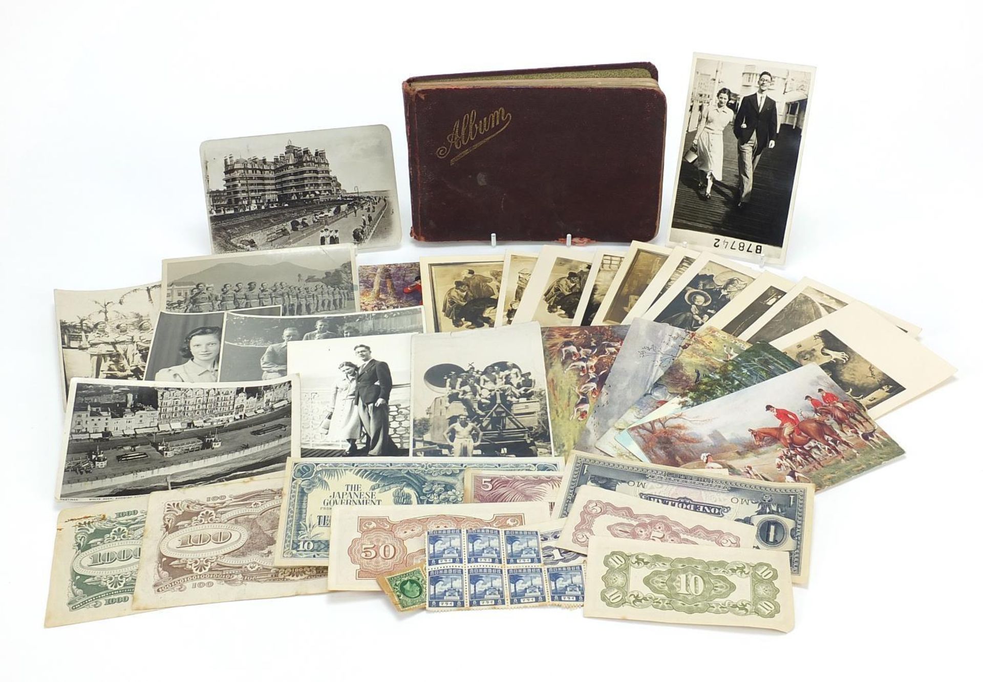 Early 20th century and later ephemera including postcards, banknotes and annotation album with
