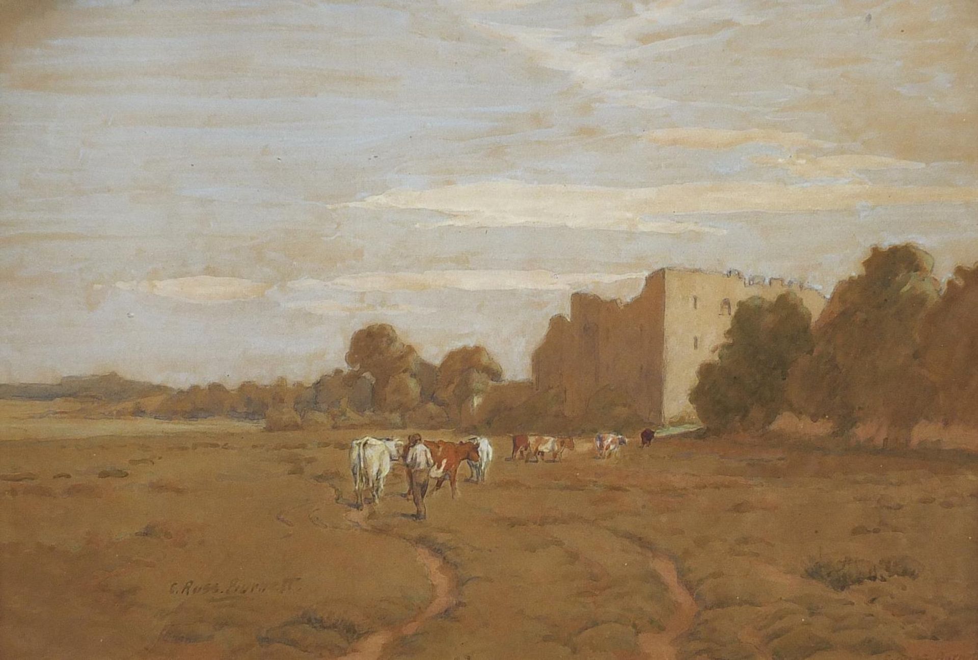 Cecil Ross Burnett - Driver and cattle before a castle, watercolour, framed and glazed, 44.5cm x