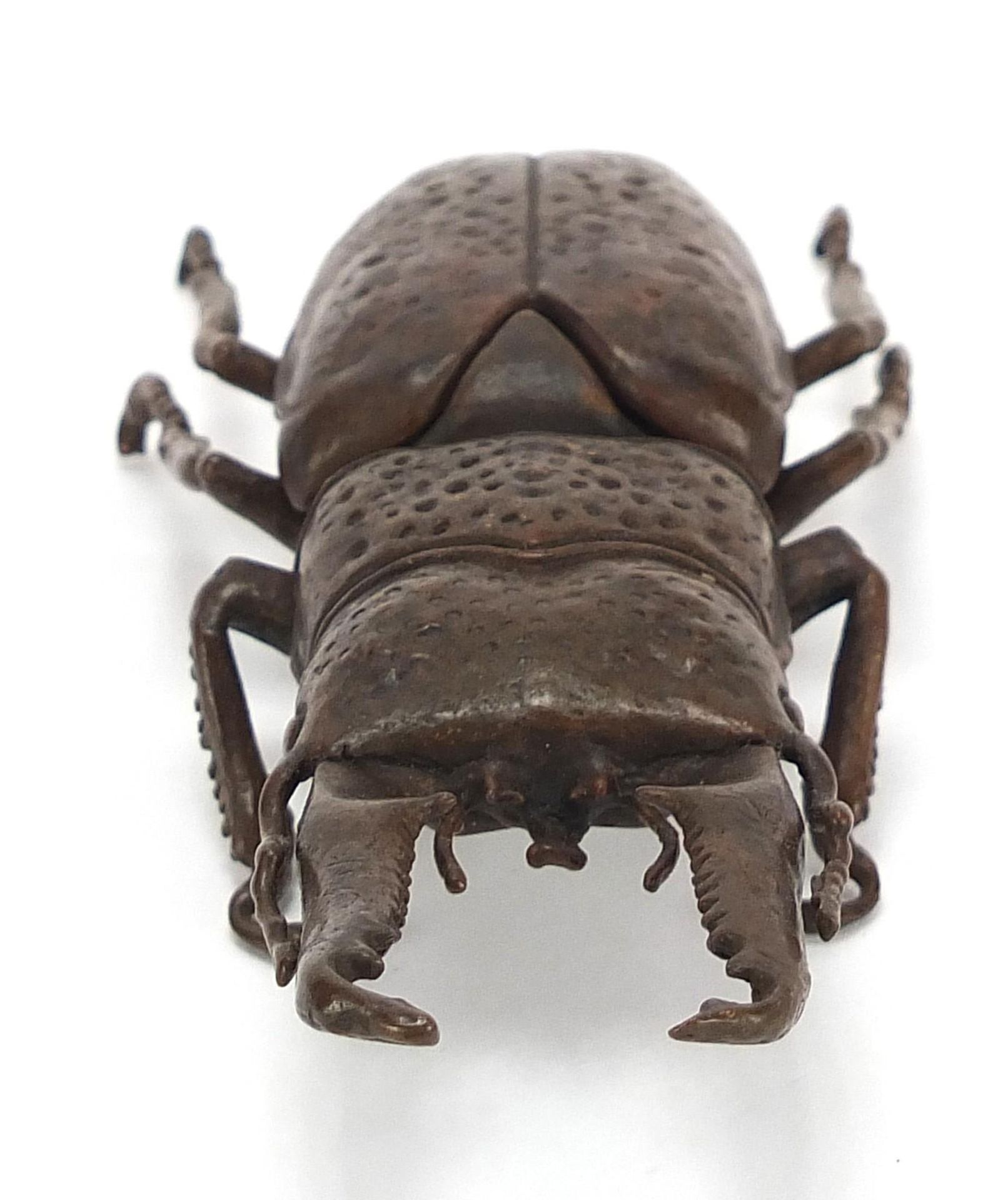 Large Japanese patinated bronze beetle with articulated back, impressed marks to the underside, 13. - Image 2 of 8