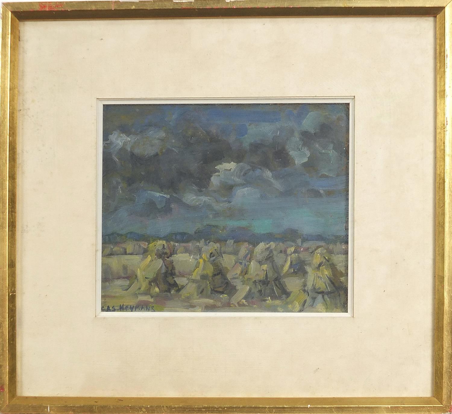 Bas Heymans - Hayricks, oil, inscribed verso, mounted, framed and glazed, 19.5cm x 17cm excluding - Image 2 of 5