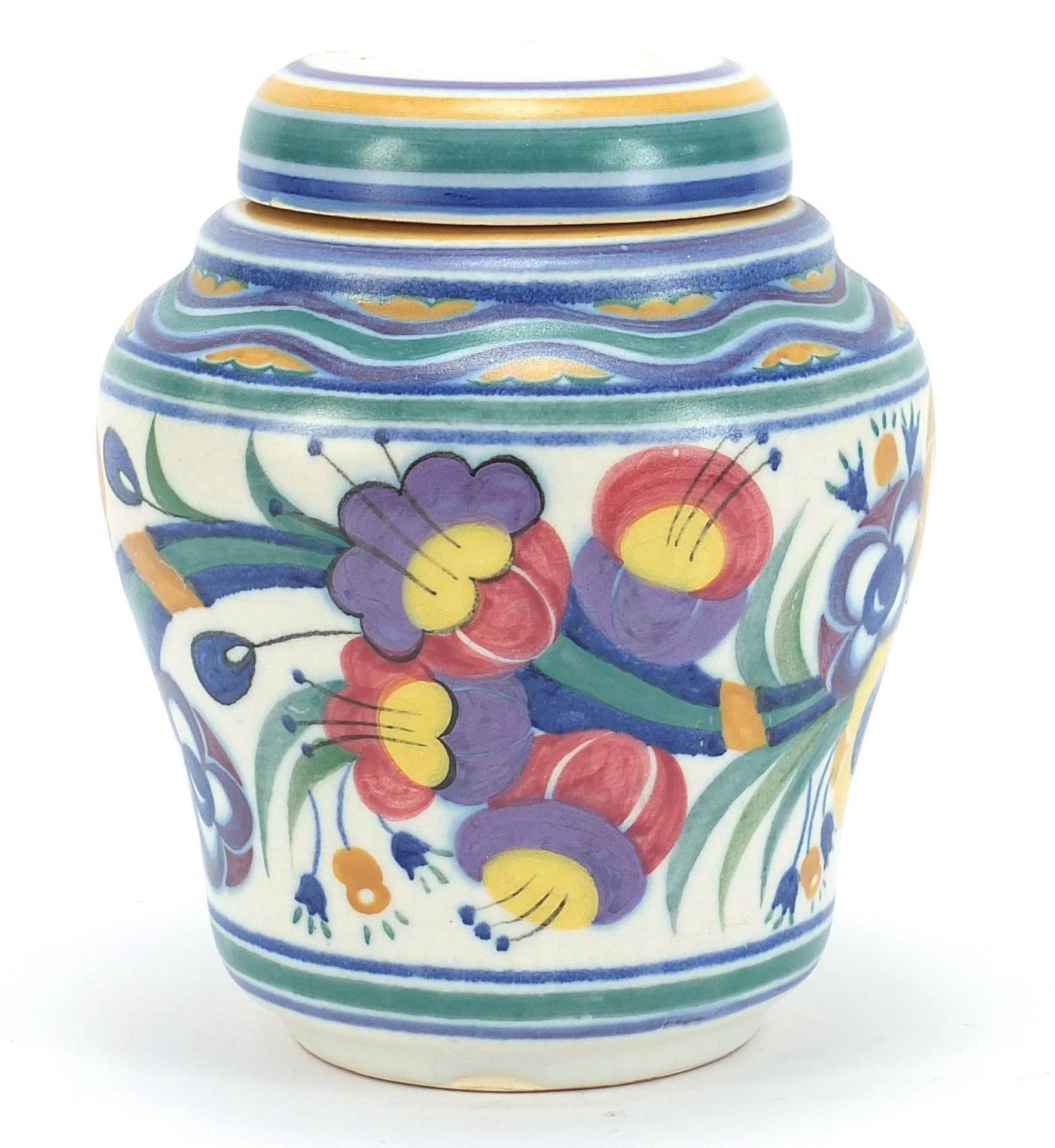 Poole Carter, Stabler & Adams baluster jar and cover, hand painted with flowers, 18cm high :