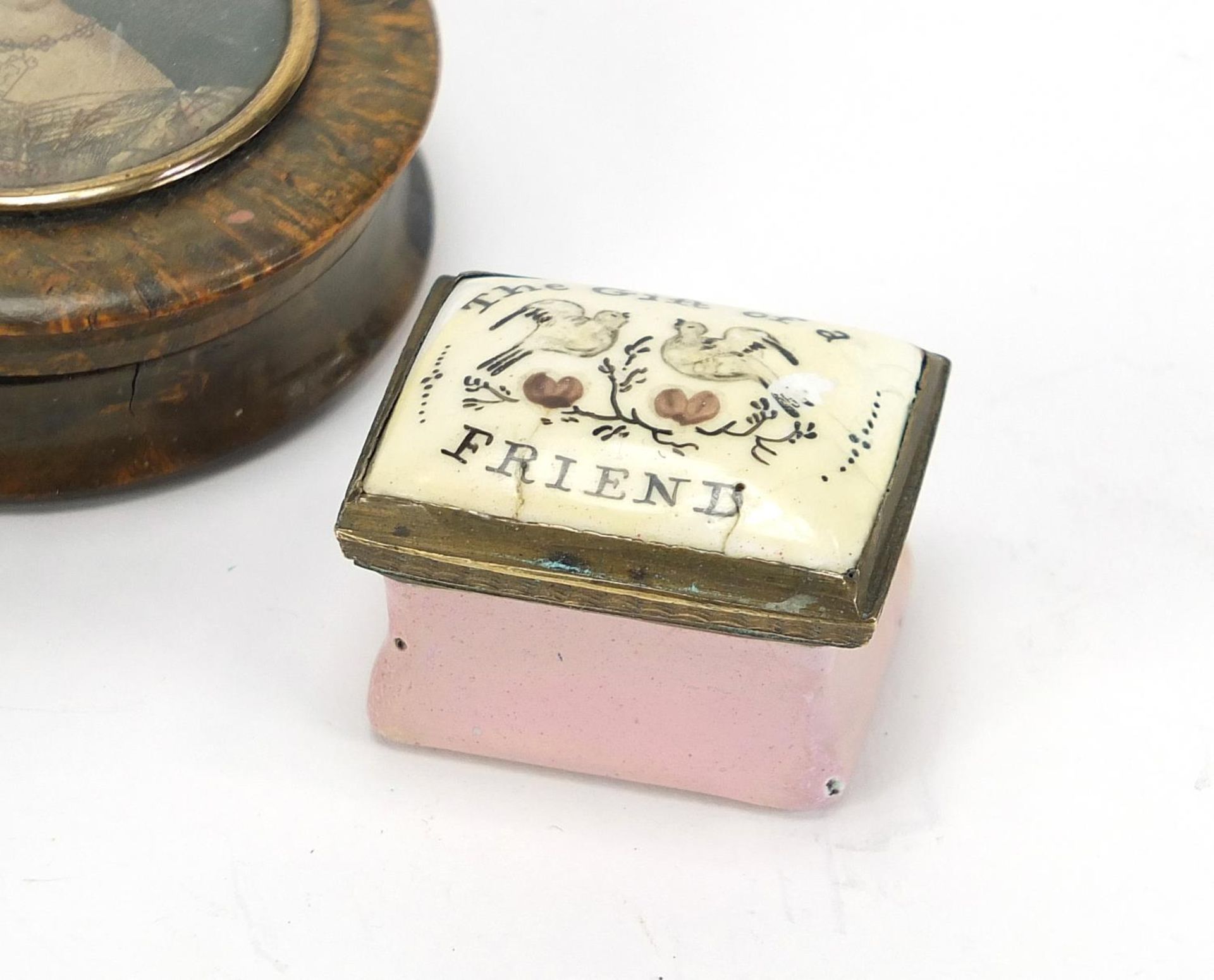 18th century Bilston enamel patch box inscribed with 'gift of a friend' and two 19th century snuff - Image 3 of 5